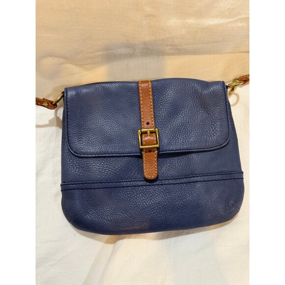 Fossil Blue Pebbled Leather Crossbody Bag Brown Trim Vintage Style - Picture 10 of 15